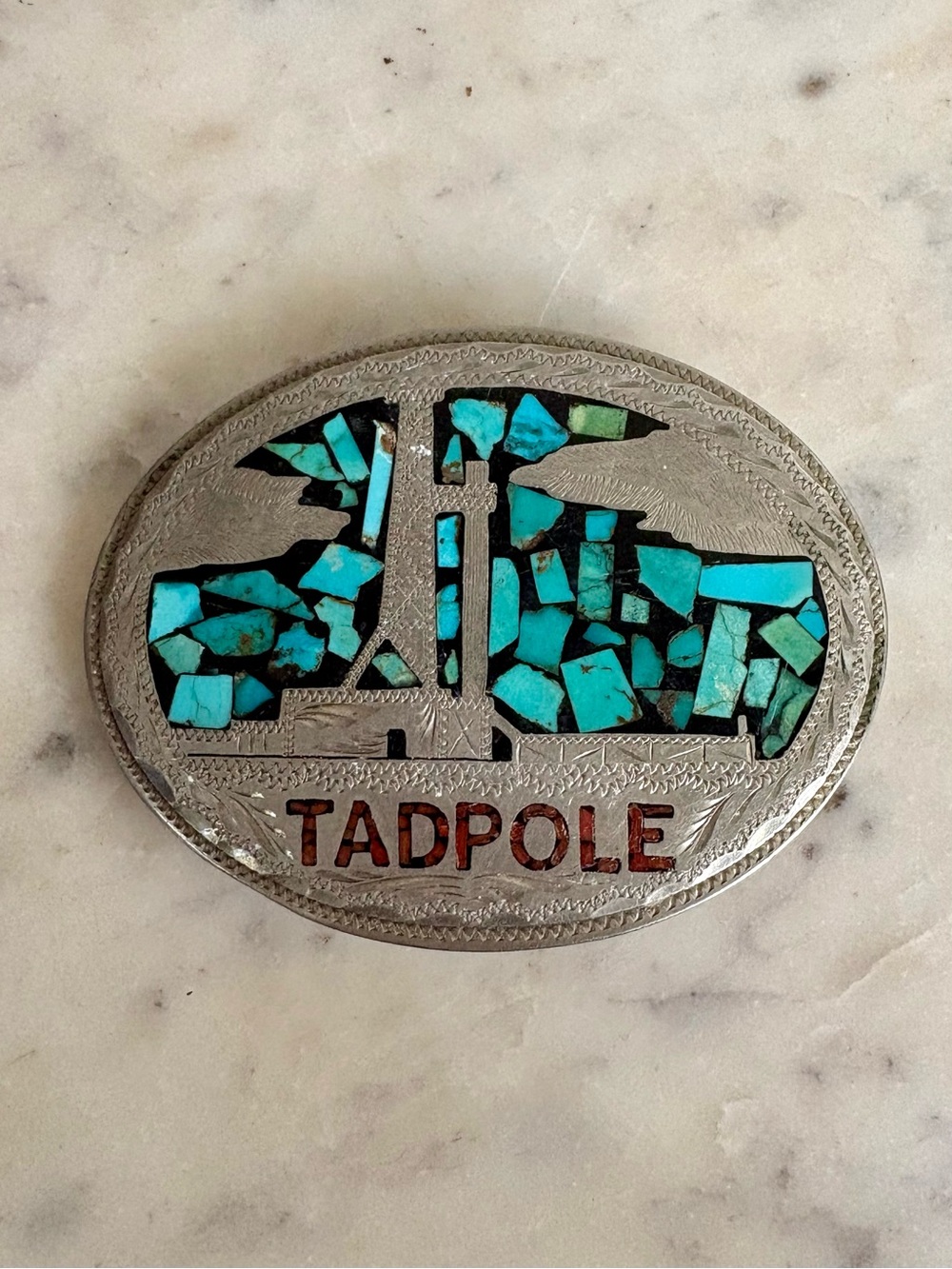 Vintage Silver Overlay Belt Buckle with Turquoise Inlay VTG Western Southwestern